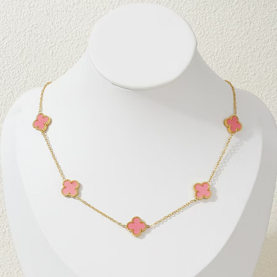 Elegant 9mm Four-Leaf Clover Floral Acrylic Pendant Gold Plated Titanium Steel Necklace for Women