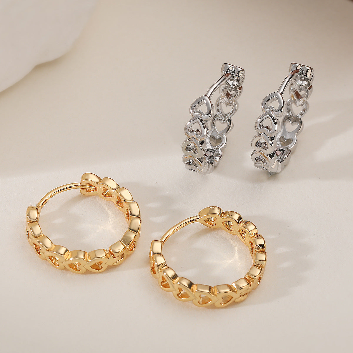 Minimalist 18K Gold Plated Brass Hollow Heart Geometric Hoop Earrings for Women