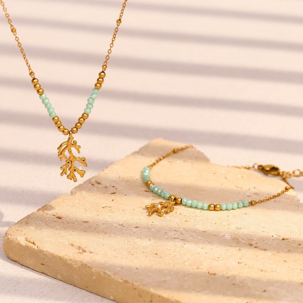 Minimalist Geometric Branch-Shaped Necklace in Stainless Steel with 18K Gold Plating and Natural Stone Accent for Women
