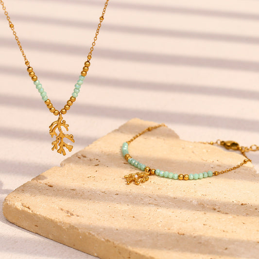 Minimalist Geometric Branch-Shaped Necklace in Stainless Steel with 18K Gold Plating and Natural Stone Accent for Women