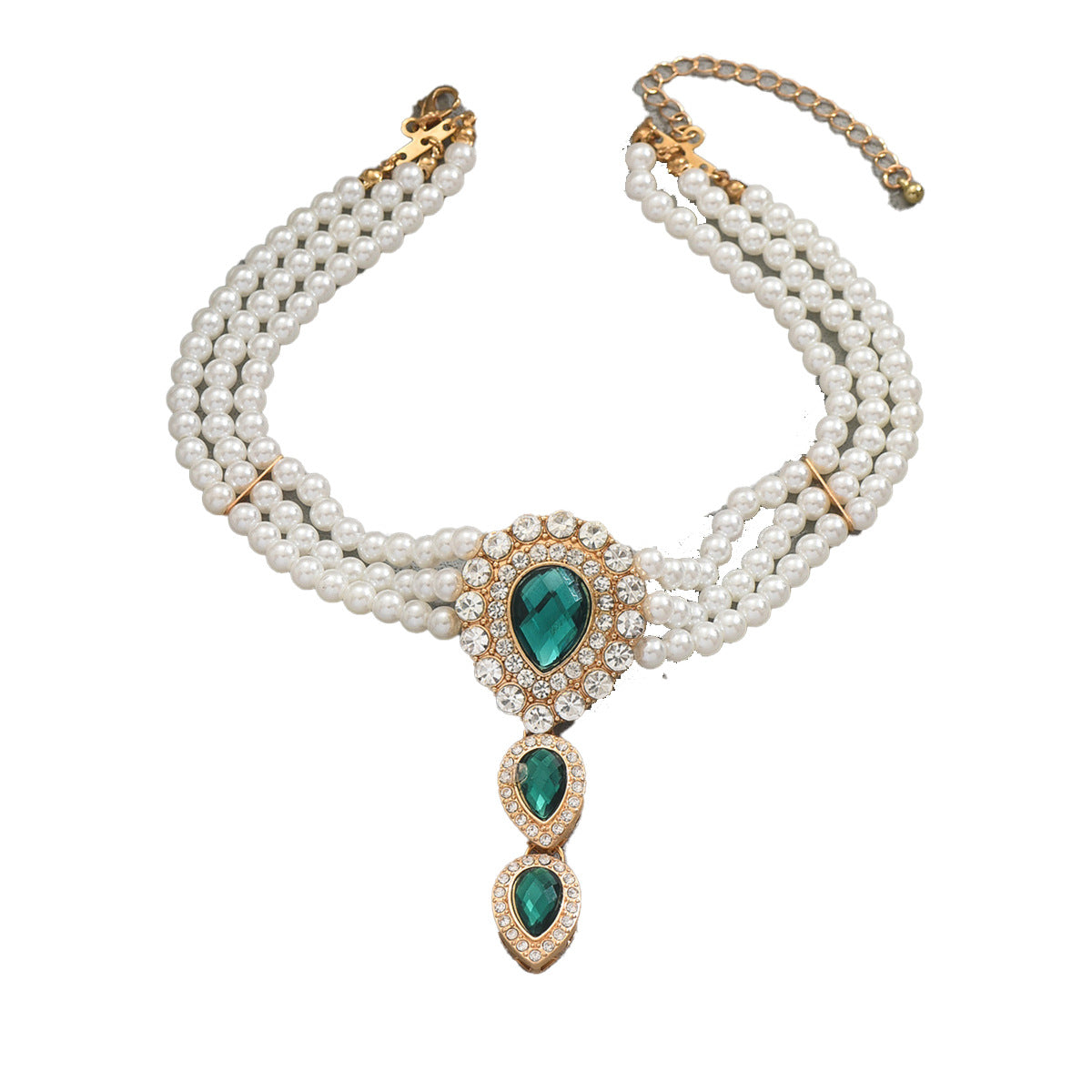 Collar largo geométrico de capas con cuentas para mujer, con colgante de aleación de zinc con incrustaciones de pedrería en cadena estándar