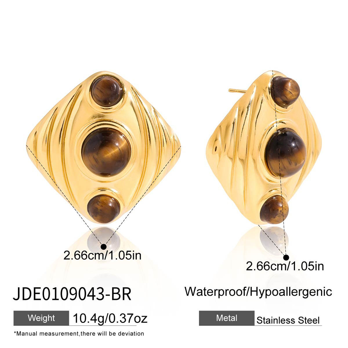 Pendientes de tuerca de acero de titanio geométricos minimalistas con incrustaciones de ojo de tigre para mujer, chapado al vacío PVD en oro, estilo de aro de lujo a la moda