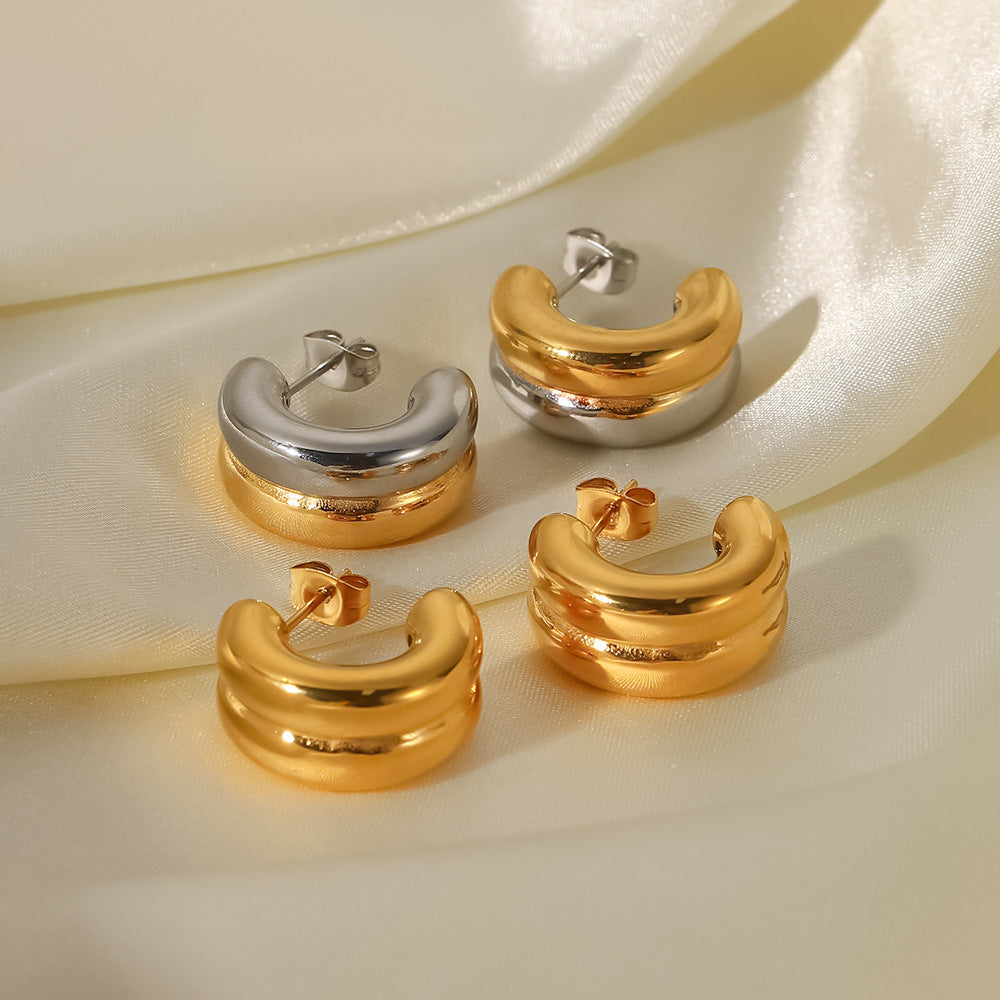 Pendientes de aro doble geométricos de moda, de acero inoxidable chapado en oro de 18K, bicolor, para mujer