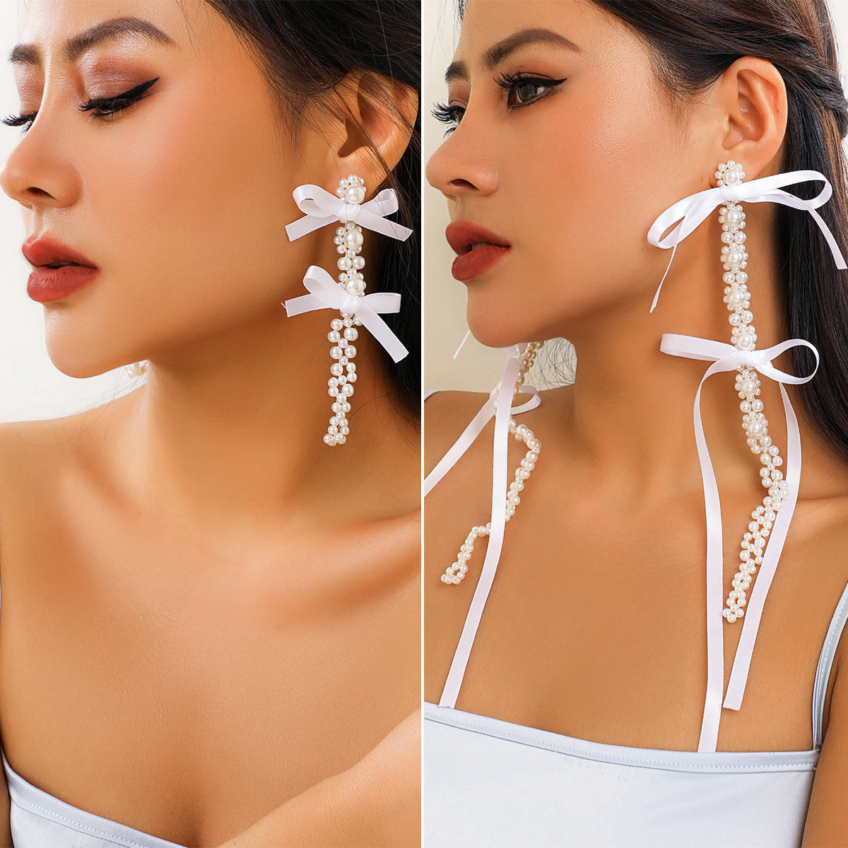 Aretes tipo broquel con borlas, lazos, perlas de imitación y flores de cristal estilo bohemio exagerado para mujer