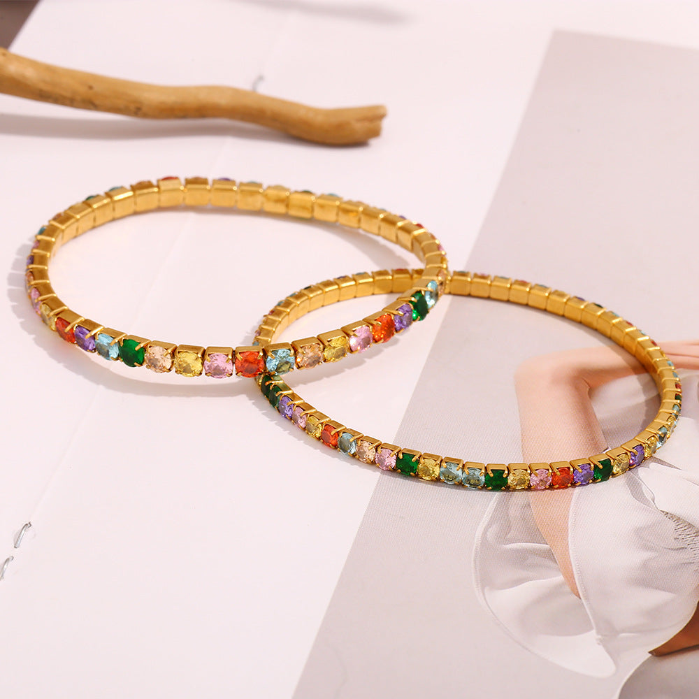 Fashionable Minimalist Geometric Stainless Steel Plated 18K Gold Elastic Bracelet with Colorful Zircon for Women