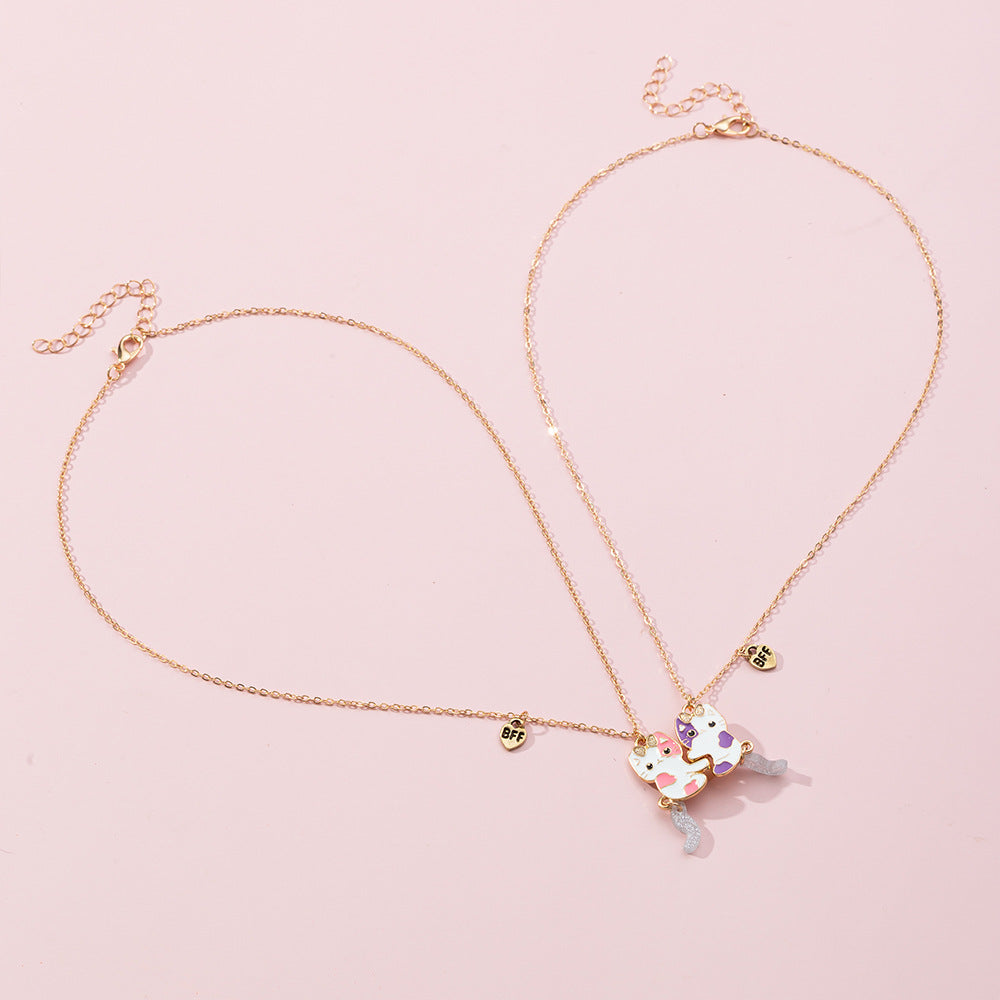 Collana con ciondolo gatto cartone animato per bambini, collana in lega con finitura smaltata, stile catena serpente per bambine dai 3 ai 10 anni