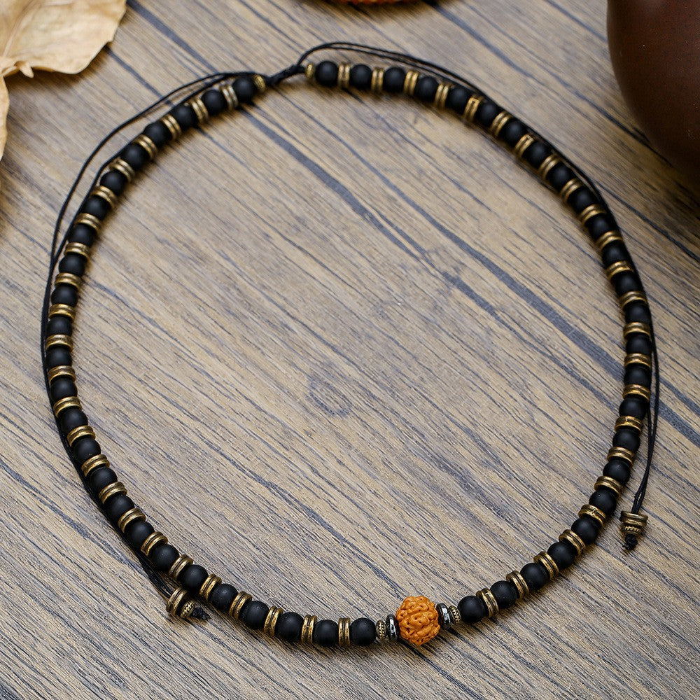 Bohemian Geometric Wood Beaded Necklace with Turquoise Inlay Cable Chain Unisex