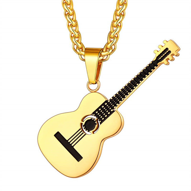 Natural Style Geometric Guitar Pendant Necklace for Unisex in Stainless Steel with Polished Titanium Steel Charm