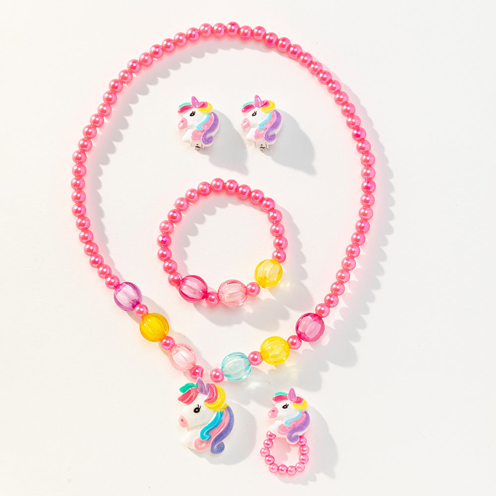 Set di collane con ciondolo unicorno a fumetti per bambini, gioielli a forma di animale in resina plastica con catena di perline rotonde, accessorio da spiaggia estivo