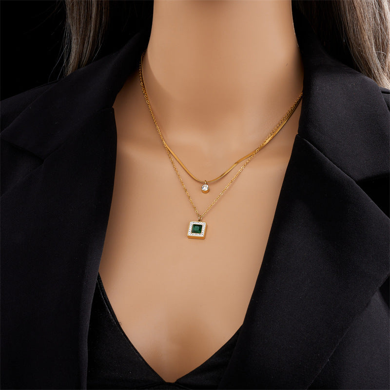 Minimalist Vintage Geometric Square Emerald Pendant Necklace with Titanium Steel Double Layer Chain and Rhinestone Inlay