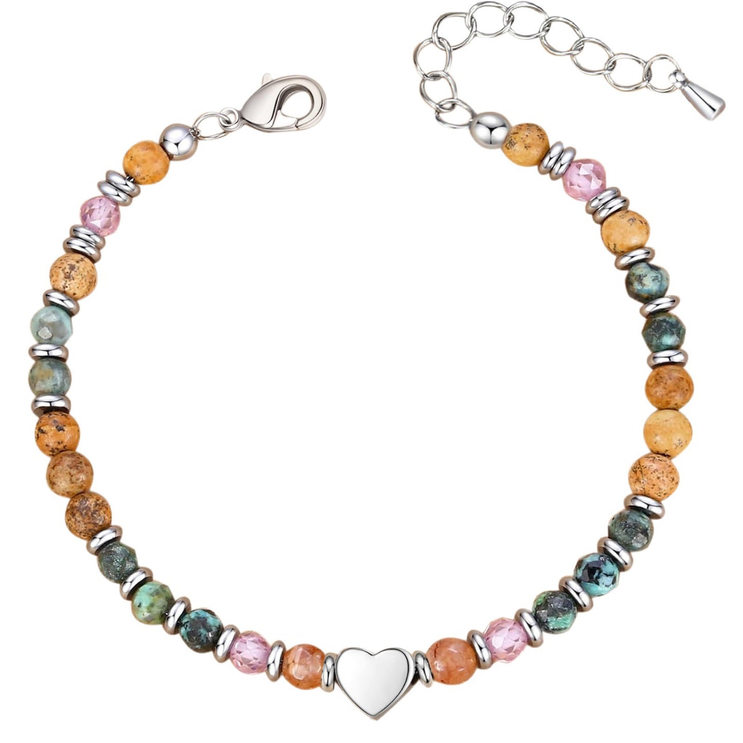 Minimalist Natural Picture Stone African Turquoise Faceted Geometric Heart Stainless Steel Adjustable Bracelet for Women