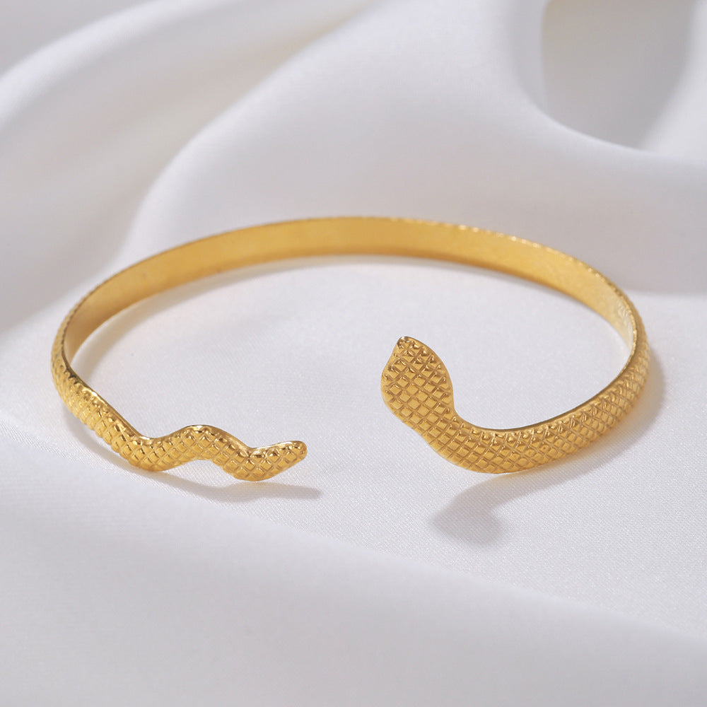 Ethnic Gold Plated Geometric Snake Pattern Checkered Titanium Steel Adjustable Cuff Bracelet for Women
