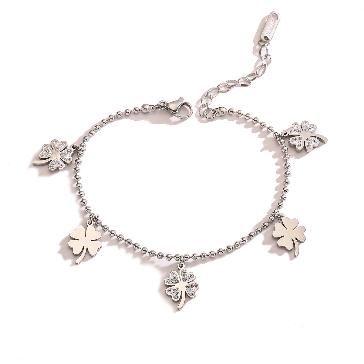 Bracciale da donna minimalista geometrico con quadrifoglio e perline in acciaio al titanio placcato oro con intarsio di zirconi