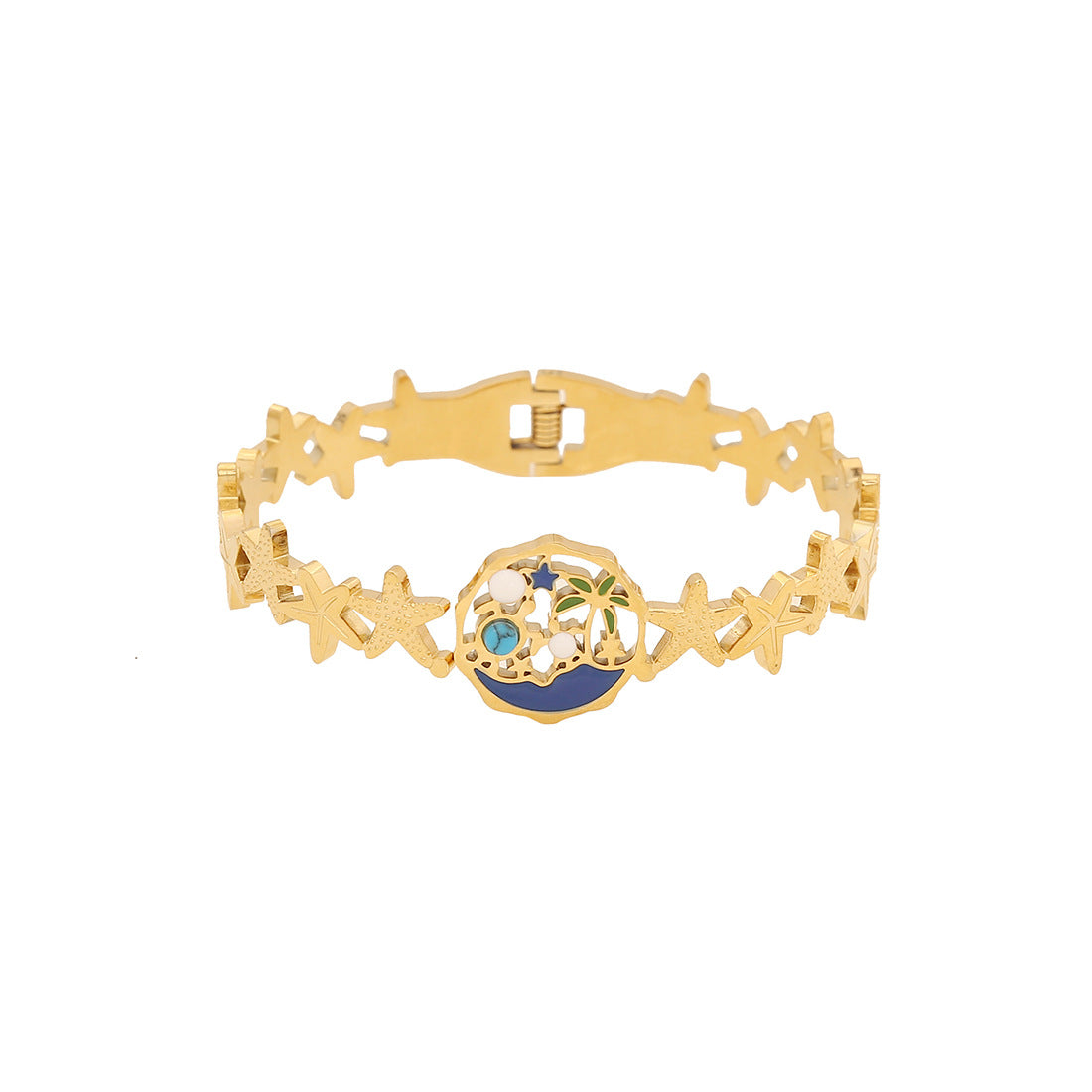 Vintage Enamel Heart and Butterfly Stainless Steel Bracelet with Floral and Palm Tree Pattern