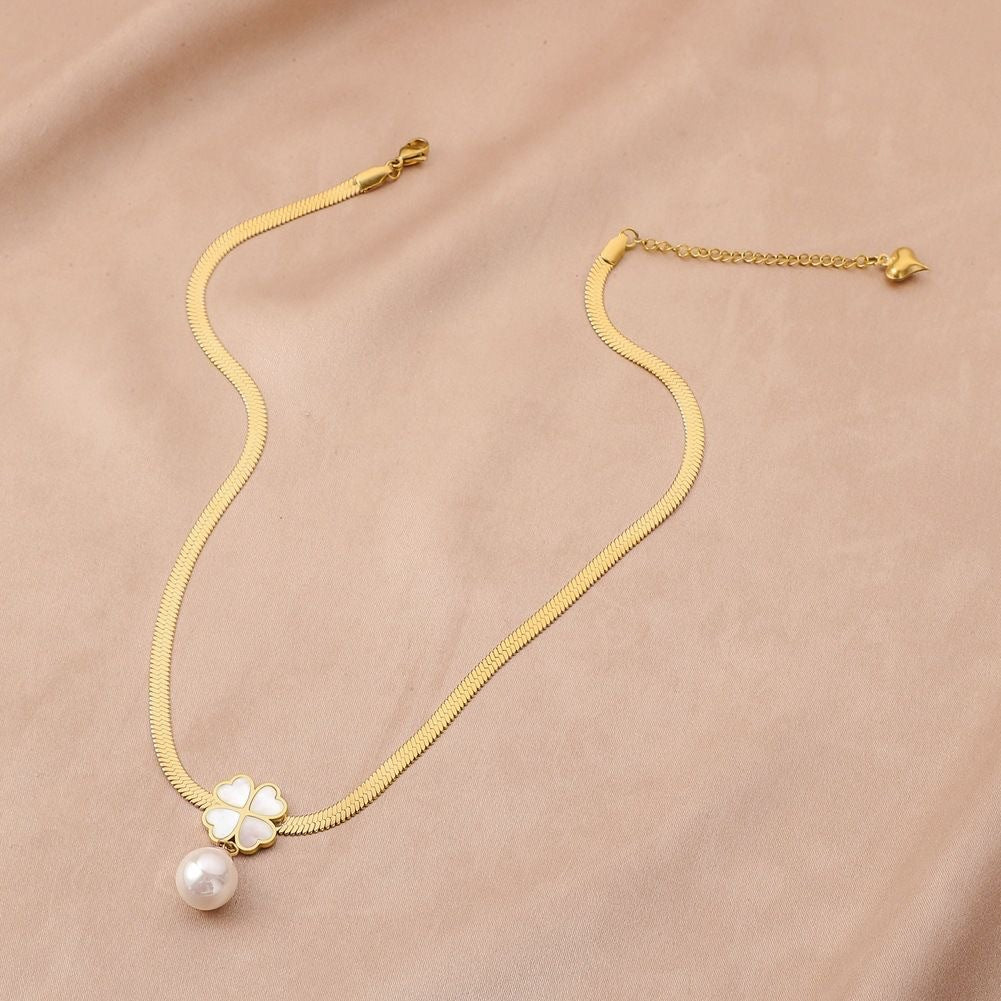 Minimalist Clover-Shaped Titanium Steel Necklace with Pearl Pendant for Women