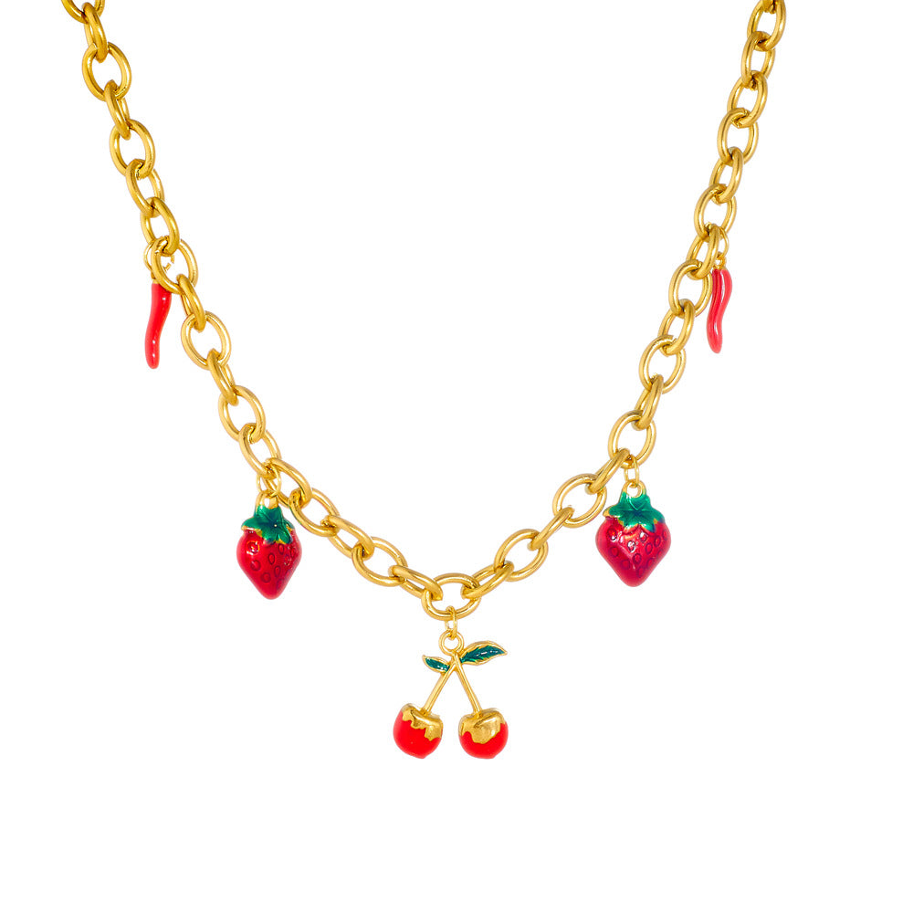 Minimalist Fruit-Shaped Stainless Steel Pendant Necklace with Enamel Finish and O-Chain for Women