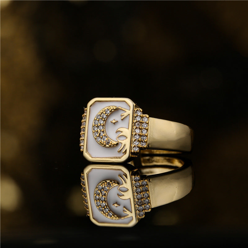 18K Gold Plated Brass Drip Oil Star Moon Geometric Ring for Women