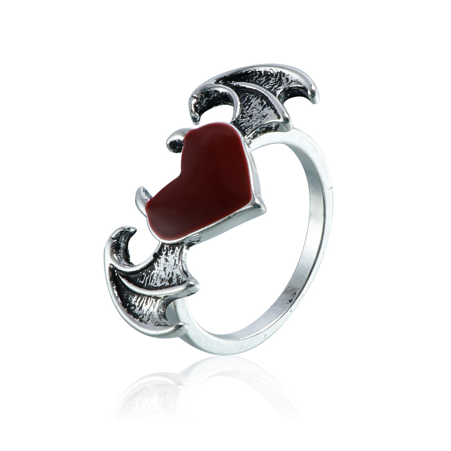 Retro-Style Red Enamel Heart-Shaped Metal Ring with Bat Wing and Demon Motif for Women