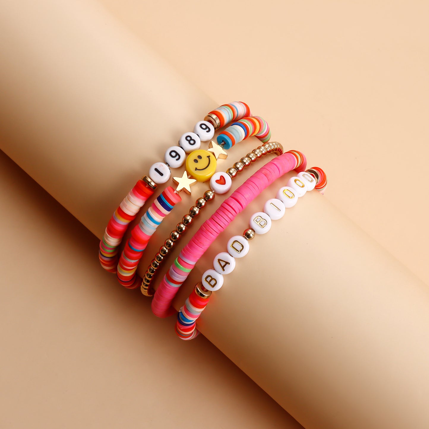 Ins Style Geometric Polymer Clay Letter Bracelet Set for Women with Plated Finish in Vibrant Red Tones