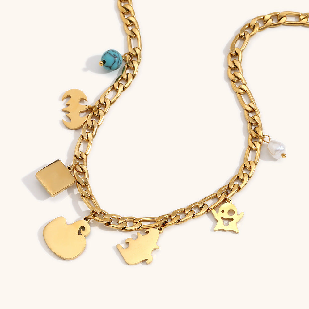 Fashionable Halloween Pumpkin Pendant Necklace for Women Stainless Steel with 18K Gold Plating Cartoon Character Design