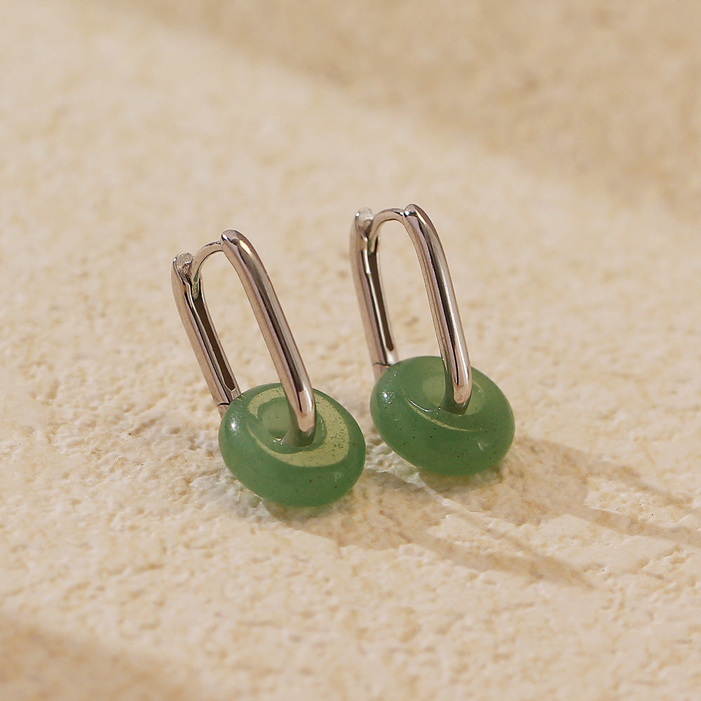 Pendientes de plata de ley 925 con hebilla de seguridad de aventurina verde geométrica para mujer