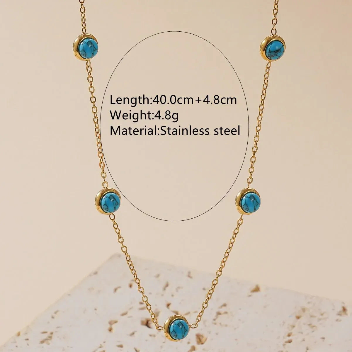 Minimalist Round Geometric Turquoise Inlay Stainless Steel Necklace Set with Cable Chain