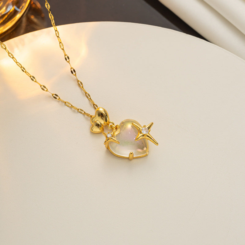 Collana Minimalista con Ciondolo a Cuore, Fiocchi e Strass in Acciaio al Titanio Placcato su Catena a O
