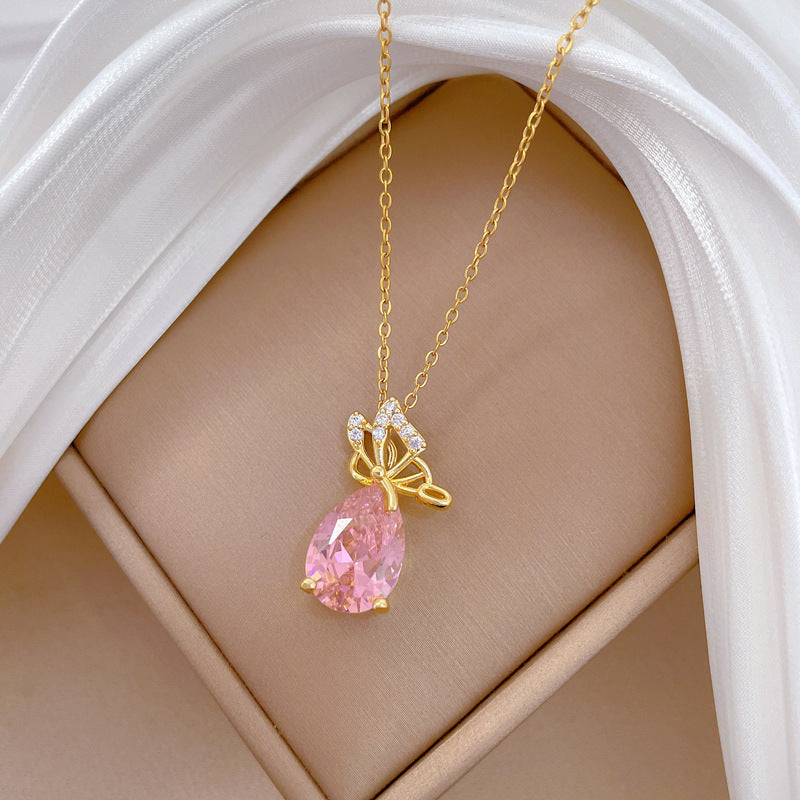 Sweet Butterfly Teardrop Rhinestone Plated Titanium Steel Necklace for Women and Men