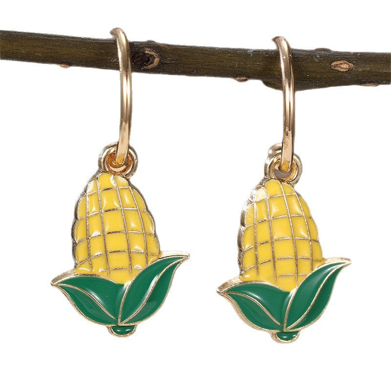 Minimalist Bowknot-Shaped Metal Stud Earrings for Girls with Pearl Inlay and Colorful Bee and Corn Fruit Design