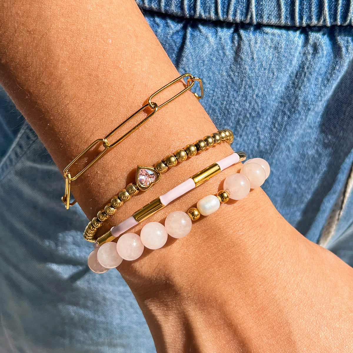 Pulsera geométrica de acero inoxidable con detalles de amatista y perlas bañada para mujer, joyería de lujo que no se deslustra