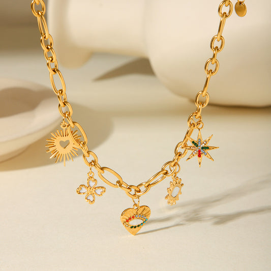 Y2K Style Evil Eye Pendant Necklace for Women Stainless Steel with Rhinestone Inlay Cross Chain Geometric Design