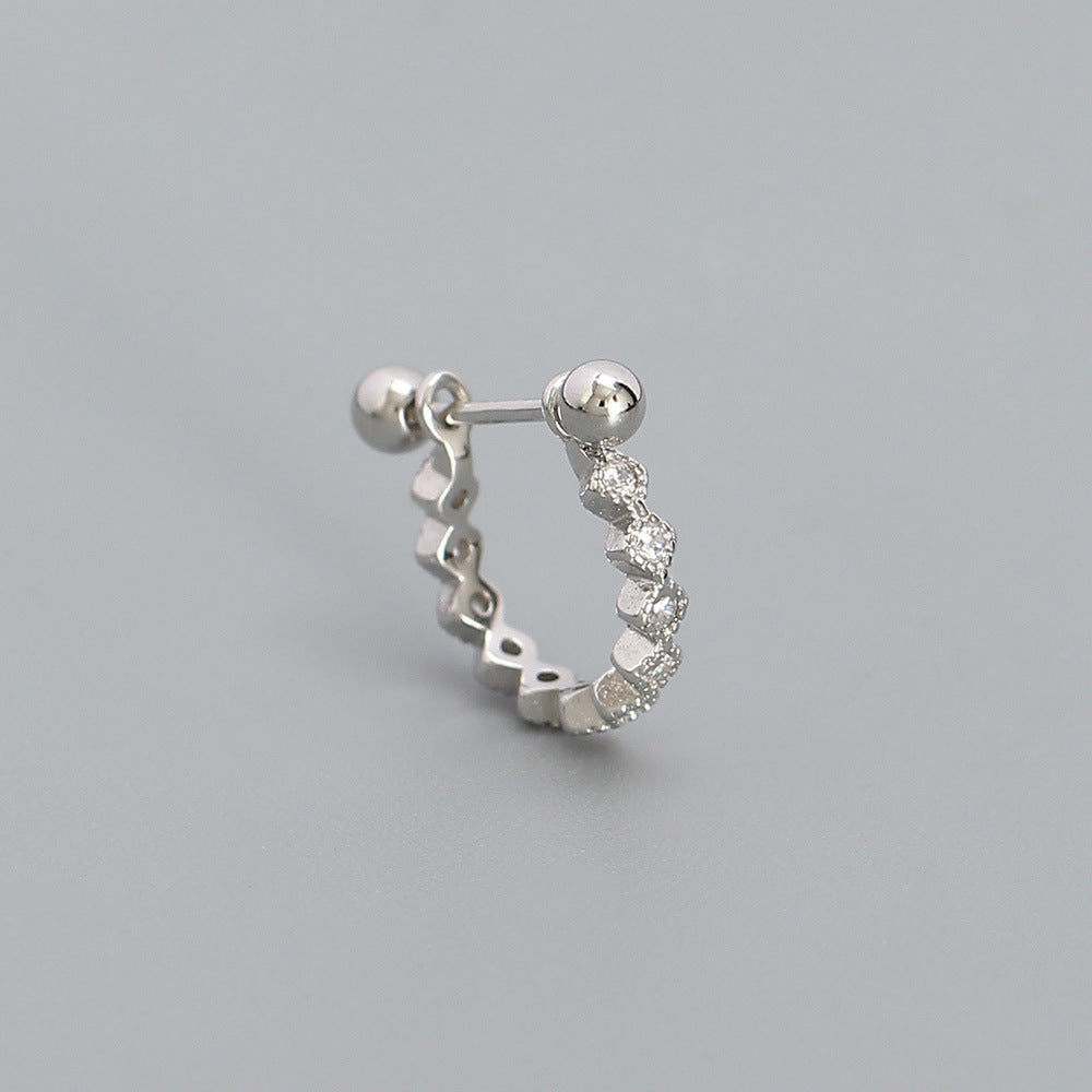 Sweet-Edgy Geometric Rhinestone-Inlaid Round Ear Cuffs for Cartilage Piercing in Sterling Silver 925