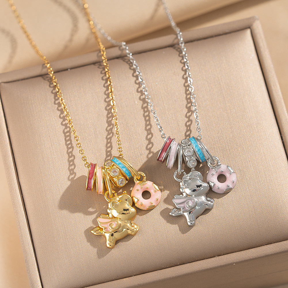 Enamel Unicorn Pendant Necklace for Women with Titanium Steel Chain and Zircon Inlay in Cute Cartoon Style