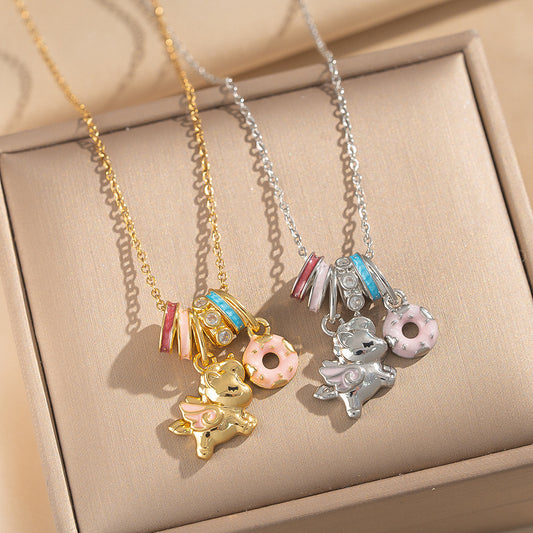 Collana con Pendente Unicorno Smaltato da Donna con Catena in Acciaio al Titanio e Intarsio in Zircone in Stile Cartone Animato Carino