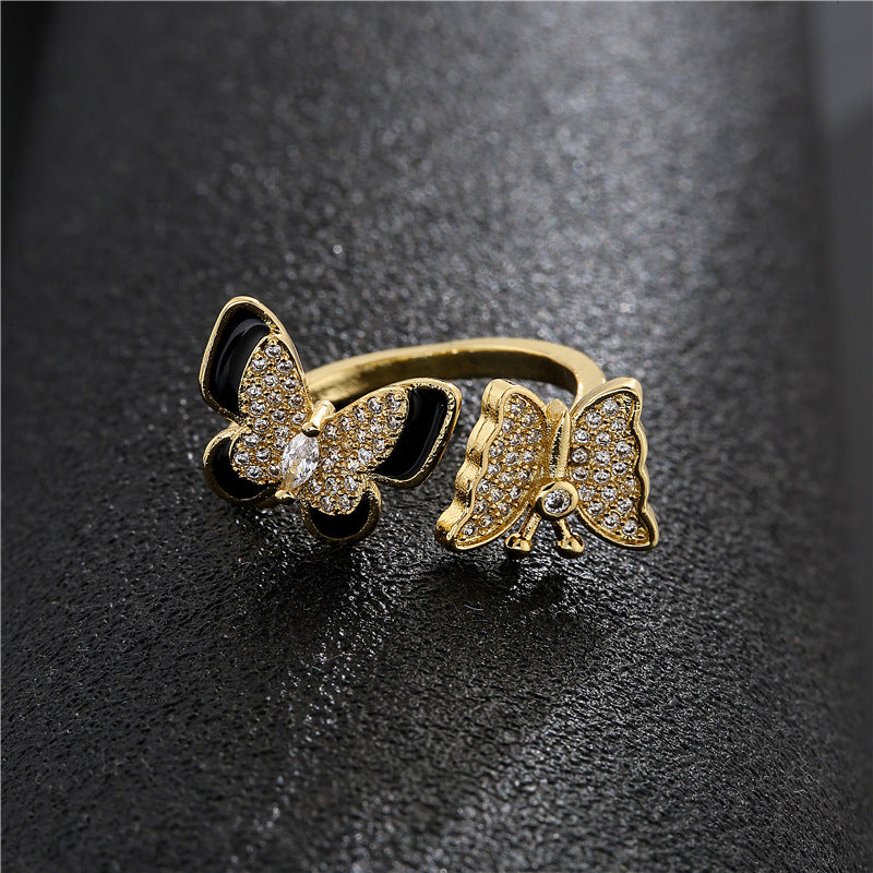 Gold Plated Brass Micro-Inlaid Cubic Zirconia Drip Oil Butterfly Open Ring for Women