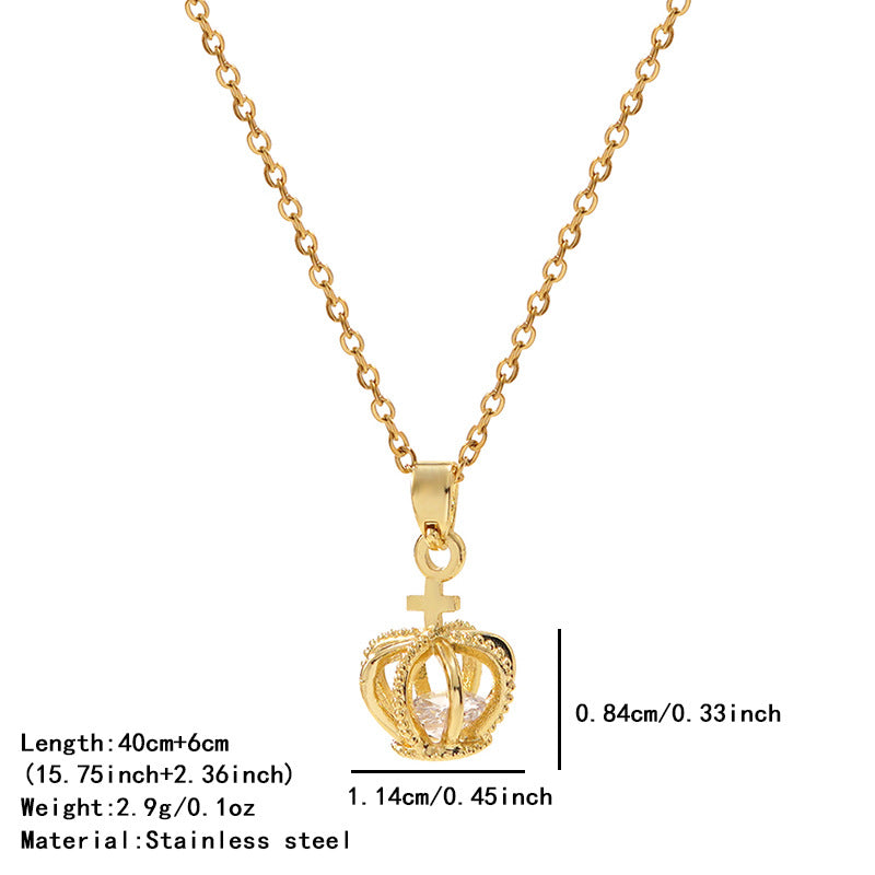 Gold Plated Stainless Steel Crown Necklace with Rhinestone for Women