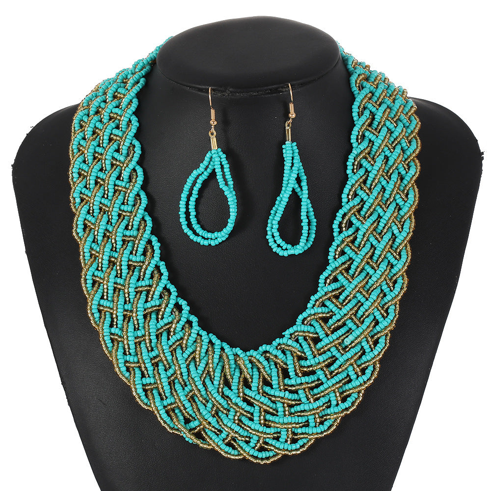 Bohemian Style Braided Rope Resin Necklace Set with Mesh Pattern and Hand-Strung Beads for Women