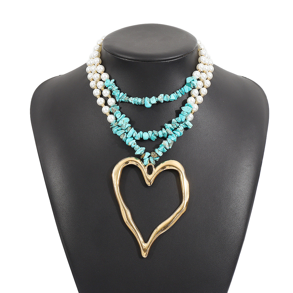 Bohemian Multi-Layer Heart-Shaped Alloy Necklace with Simulated Pearl and Turquoise Accents for Women