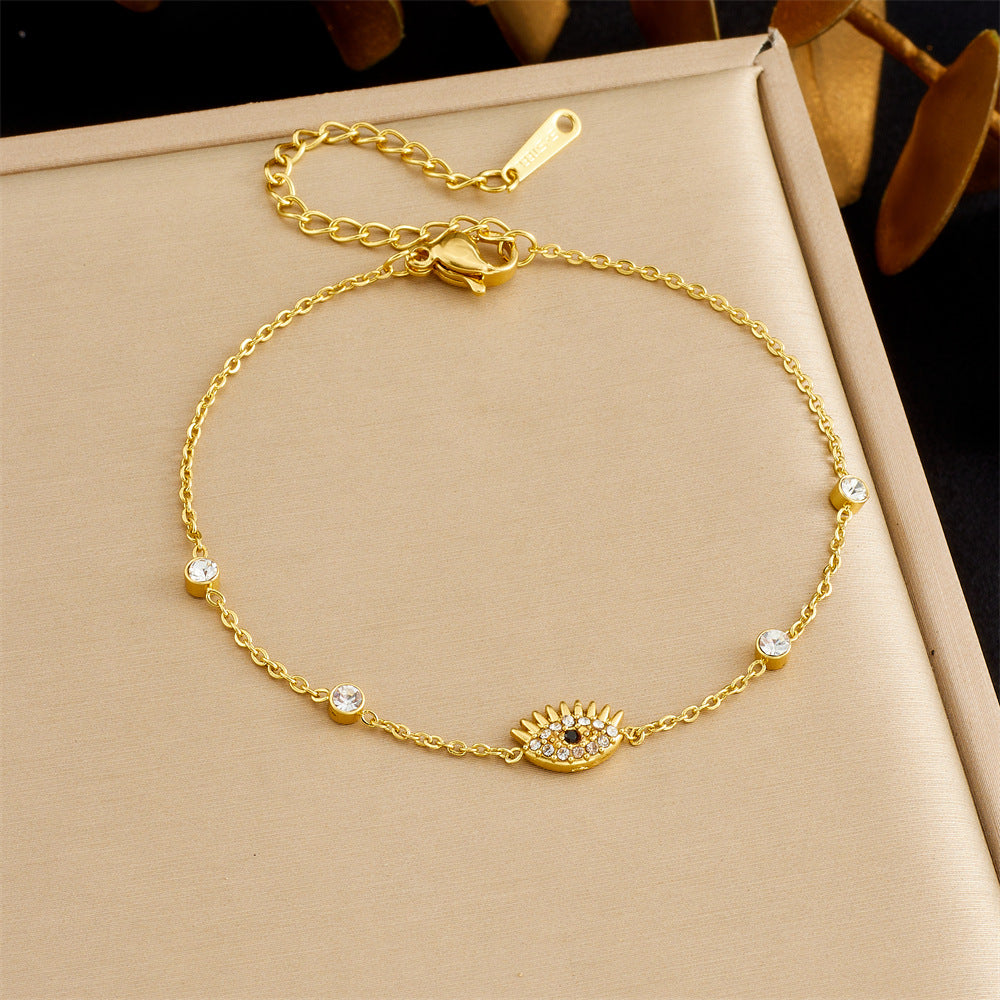 Minimalist Gold Plated Stainless Steel Evil Eye Rhinestone Bracelet for Women