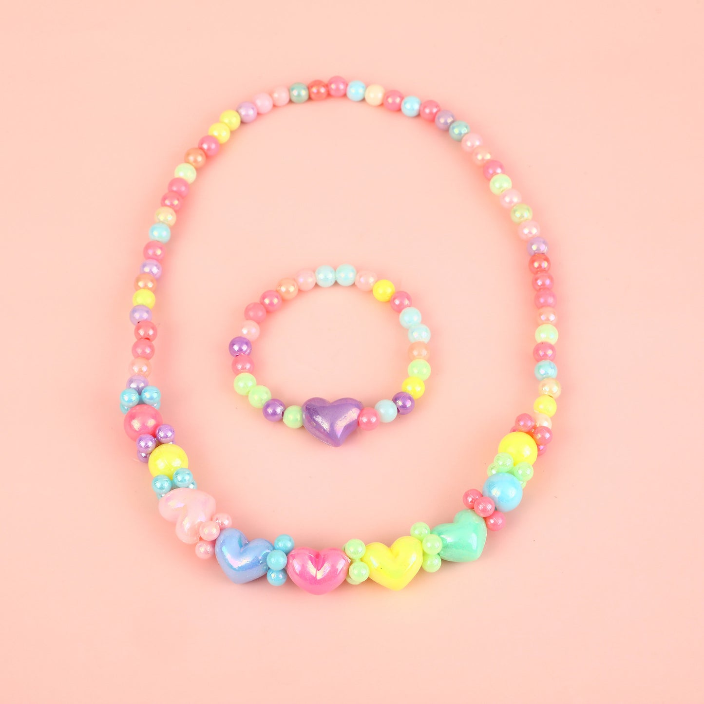 Cartoon Unicorn Pendant Necklace Set with Colorful Dopamine Beads for Kids, Resin Animal Charm on Round Bead Chain, Princess Style Children's Jewelry