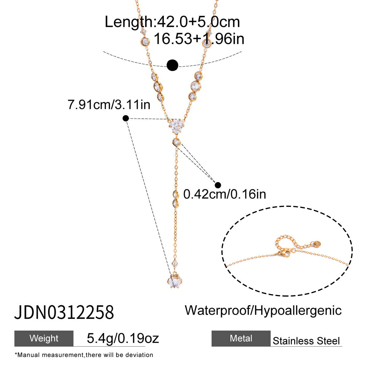 Minimalist Geometric Round Cubic Zirconia PVD Titanium Steel Y-Chain Necklace for Women