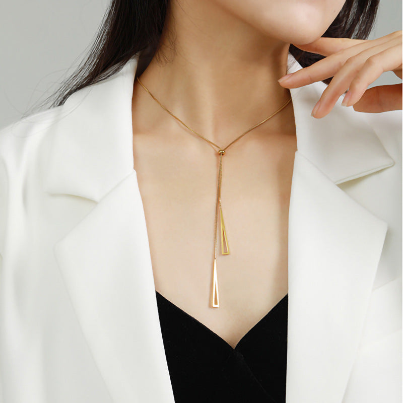 Geometric Triangle Pendant Titanium Steel Plated Long Sweater Chain with Tassel Detail for Women