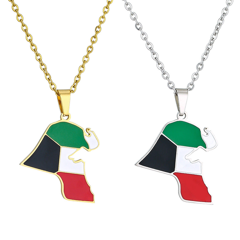 Retro Geometric Kuwait Map Flag Pendant Necklace in Stainless Steel with Enamel Finish on O-Chain for Unisex