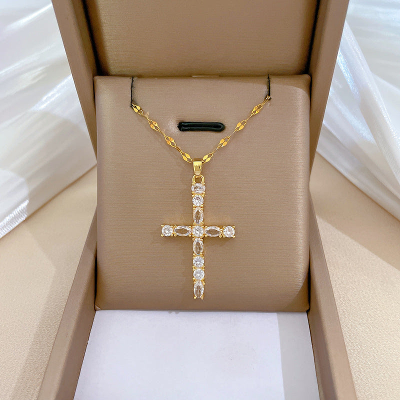 Collar de lujo con colgante de cruz de acero de titanio con diamantes de imitación para mujeres y hombres, patrón de luna