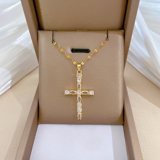 Luxury Titanium Steel Cross Pendant Necklace with Rhinestones for Women and Men Collar Chain Moon Pattern