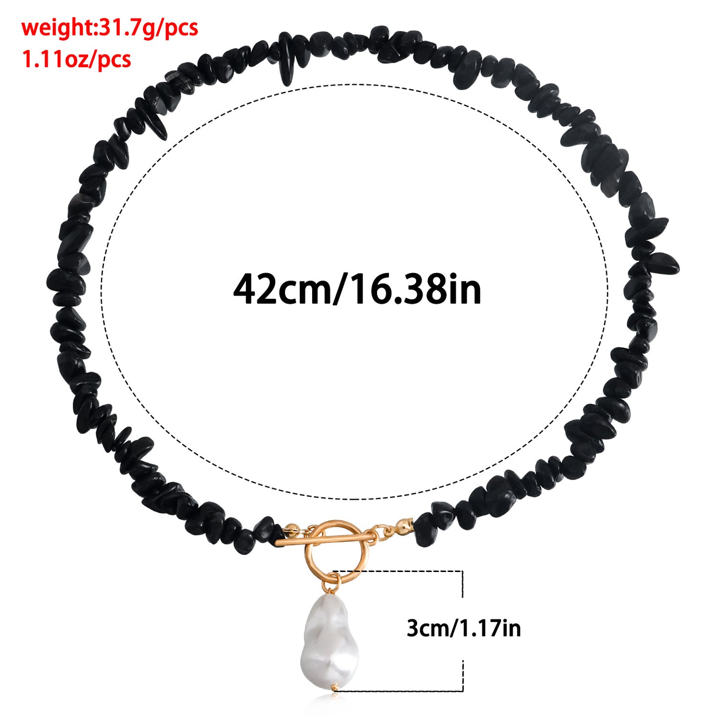 Minimalist Geometric Pendant Necklace for Women with Black Natural Stone Inlay and Large Pearl Charm on Alloy Chain with Plated Finish