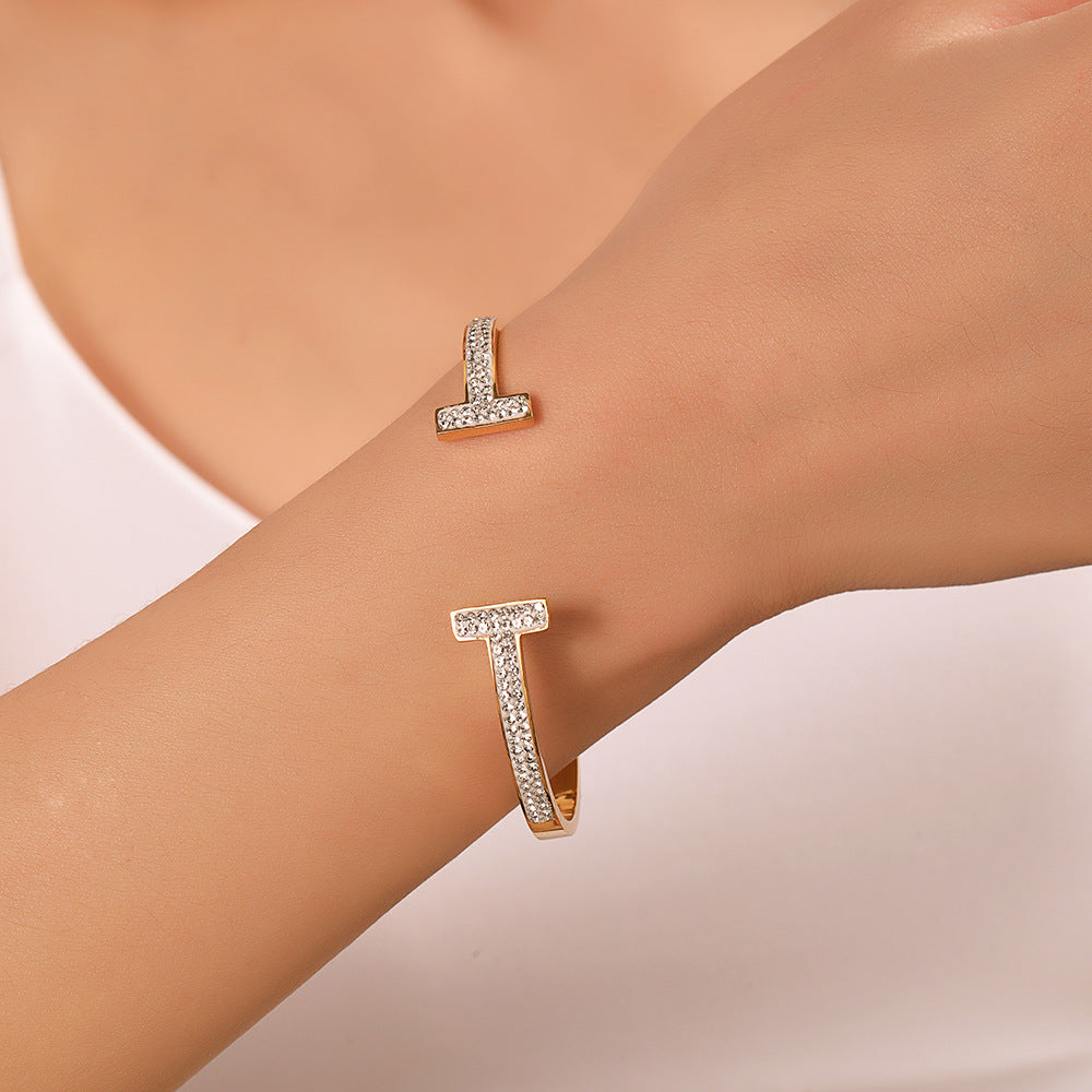 Minimalist Geometric Double-T Rhinestone Inlaid Titanium Steel Open Cuff Bracelet for Women