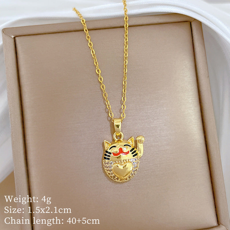 Sweet Elegant Geometric Drip Oil Rhinestone Lucky Cat Necklace Titanium Steel Cable Chain Unisex