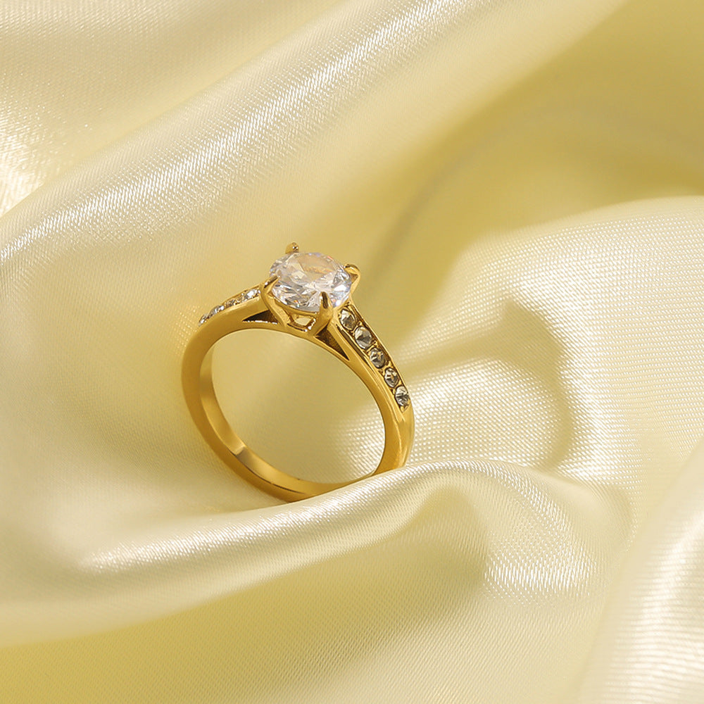 Vintage Geometric Four-Prong Rhinestone Ring 18K Gold Plated Stainless Steel Women's Jewelry