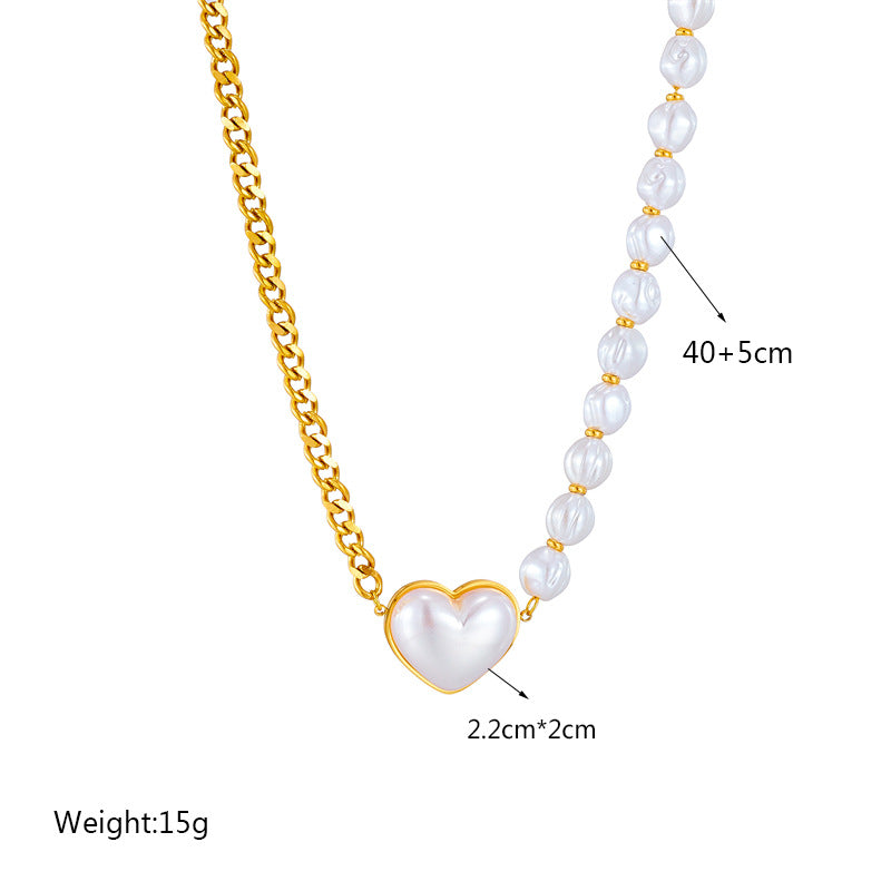 Punk Style Heart-Shaped Titanium Steel Plated Necklace with Pearl-Like Beads and Geometric Chain